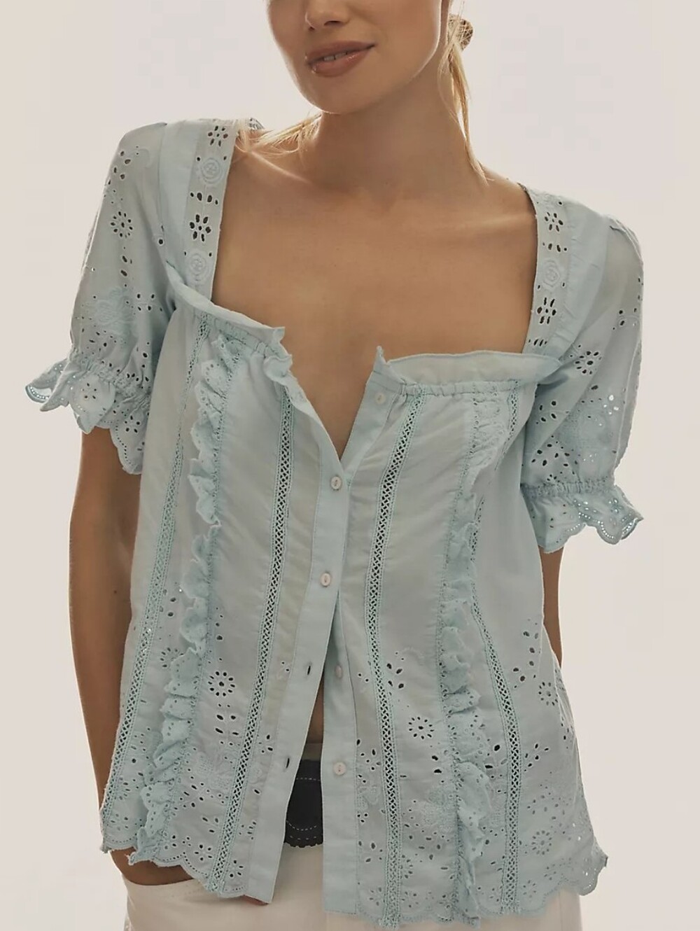 Anthropologie Light Blue Puff-Sleeve Romantic Eyelet Ruffle Blouse